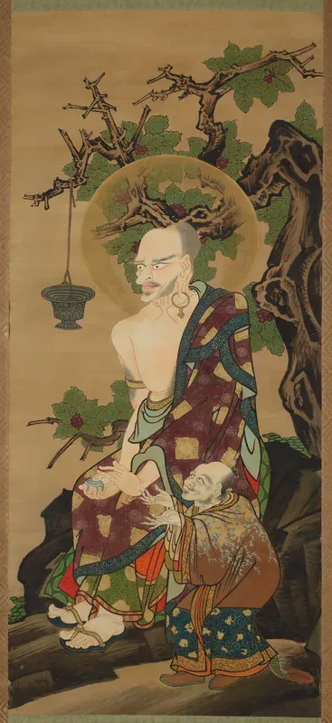 Arhat with wish-granting jewel and attendant, one of a pair