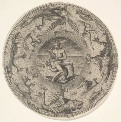 Arion on a Dolphin surrounded by a Border decorated with Sea Creatures, from a set of circular designs with sea gods