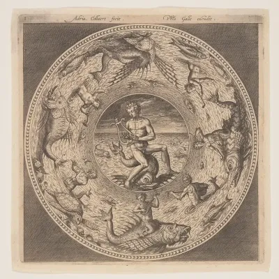 Arion on a Dolphin surrounded by a Border decorated with Sea Creatures, from a Set of Designs for Plates (Fonds de Coupe)