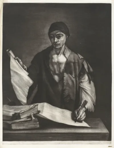 Aristoteles schrijvend achter een bureau