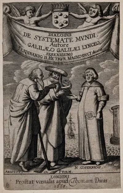 Aristotle and Ptolemy discuss with Copernicus their respective views on the movements of the Sun and the Earth