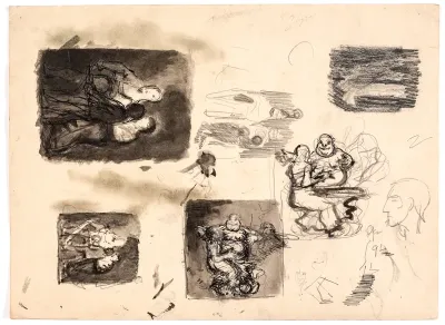Ark med forskellige studier, bl.a. til "En mand overrasker en kvinde" og "Diogenes søger et menneske"