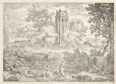 Arkadisk landskab med et mausoleum med seks søjler