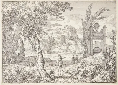 Arkadisk landskab med et mausoleum