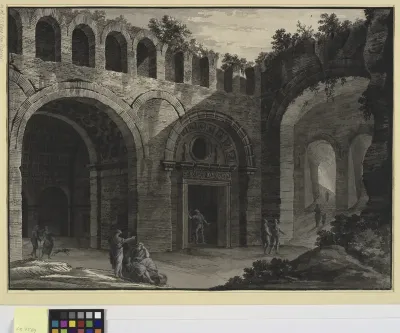 Arkitekturfantasi. Antik ruin med figurer, heraf nogle i antik dragt