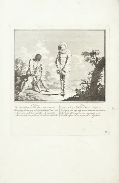 Arlequin en Piro praten over de streken van de kleine Arlequin