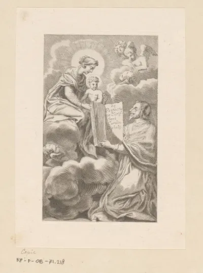 Armand-Jean du Plessis hertog van Richelieu presenteert een boek aan Maria met Kind