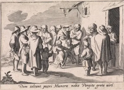 Arme kinderen dansen voor een herberg