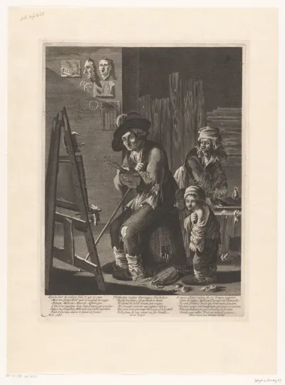Arme schilder met familie in zijn atelier
