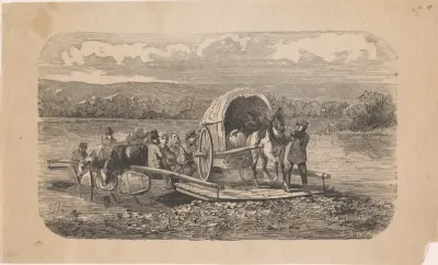 Arriverende pont met daarop mannen, vrouwen, twee koeien en een huifkar met een paard