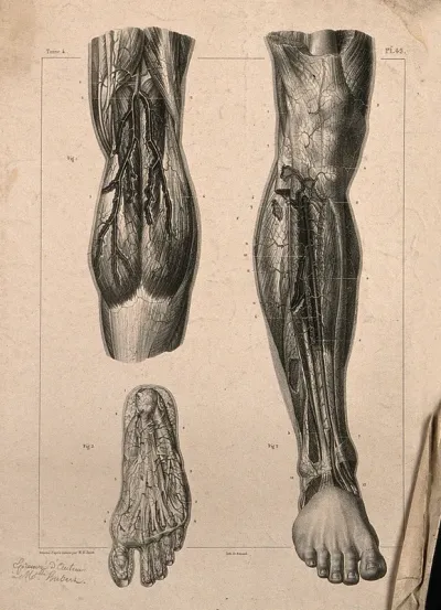 Arteries of the leg: three figures, one detailing the blood-vesssels of the foot