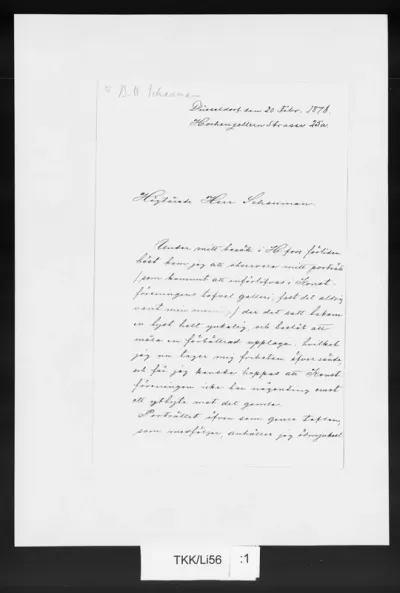 Artist Arvid Liljelund painted scenes of Finnish peasant life in Düsseldorf, using original folk costumes as models. Letter from Arvid Liljelund to Berndt Otto Schauman, Düsseldorf 20.2.1878