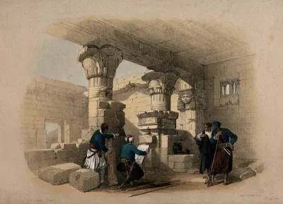 Artist in local costume sketching under the portico of Dayr-el-Medeneeh at Thebes, Egypt