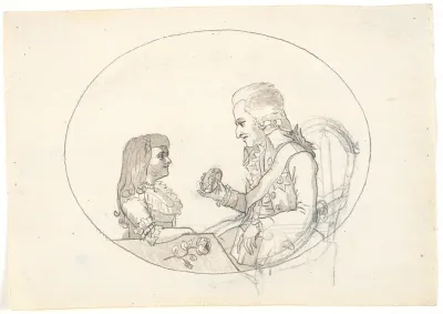 Arveprins Frederik med arveprinsen (Chr. VIII) viser et portræt af den afdøde arveprinsesse Sofie Frederikke