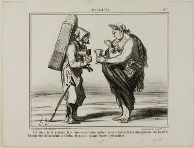 As a consequence of the wine disease but also because of the foundation of the "Society for the Production of Artificial Wine", even Bacchus decides to switch to coconut water as a daily drink, plate 407 from Actualités