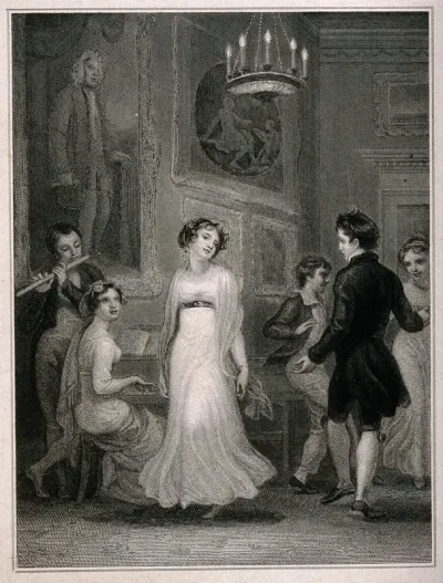 As a girl plays the piano and a boy plays the flute other couples dance to the music