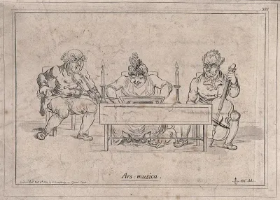 As a woman plays the piano, two string-players, one with a violin and the other with a cello, express dissatisfaction