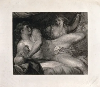As Samson breaks his bonds, Delilah pulls back the curtain to reveal her soldiers