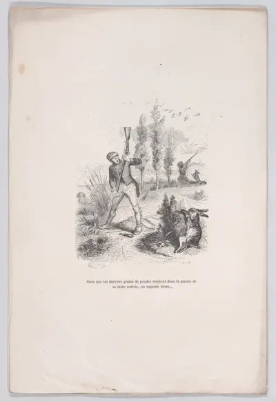 As the last grains of powder fall into the palm of his blackened hand, a superb hare..., from "Little Miseries of Human Life"