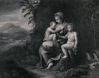 As the personification of Charity, a woman is holding two children by her side