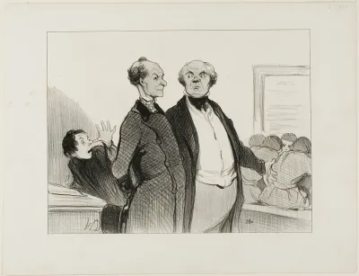 “- As you can see, Monsieur, I have enforced in my school perfectly good discipline. You cannot imagine to what extent I succeeded implanting in these young scholars a deep sentiment of respect towards their teacher,” plate 23 from Professeurs Et Mou