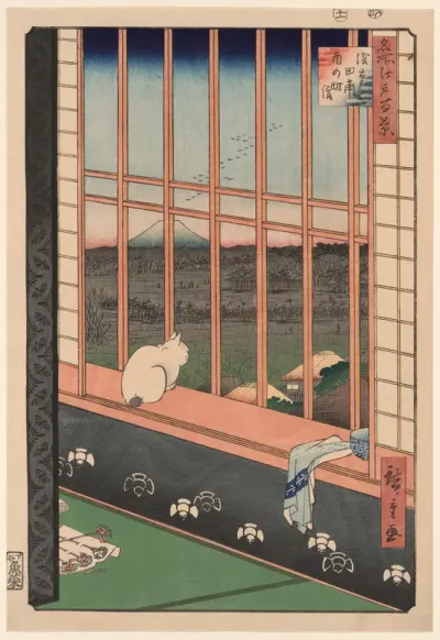 Asakusa Rice Fields and Torinomachi Festival (Asakusa tanbo Torinomachi mode), from the series "One Hundred Famous Views of Edo (Meisho Edo hyakkei)"