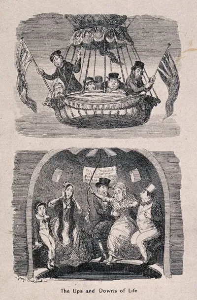 Ascending and descending: (above) people in a balloon; (below) people seated in a rotunda around a pool and in danger of falling into the water