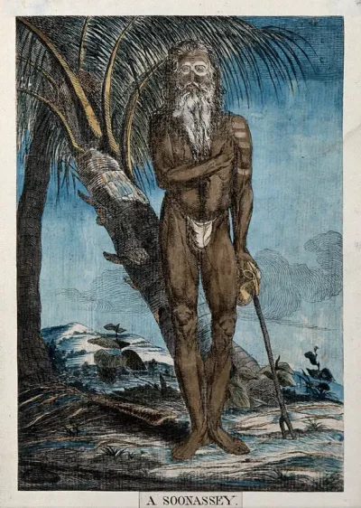 Ascetic standing next to a tree, near Calcutta, West Bengal