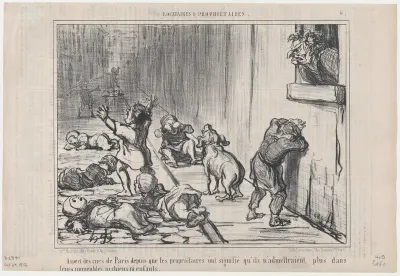 Aspect des rues de Paris depuis..., from Locataires et Propiétaires, published in Le Charivari, October 24, 1856