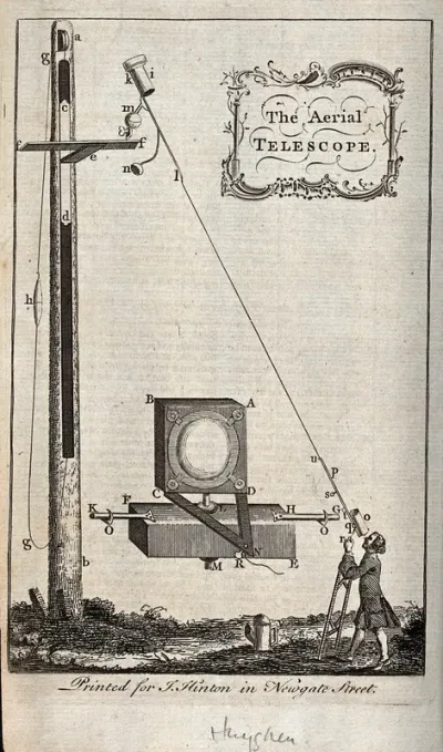Astronomy: a large aerial (tubeless) telescope, in use by an astronomer