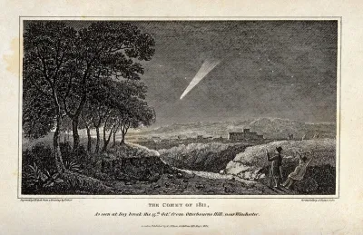 Astronomy: a large, bright, comet in the night sky over Winchester, being observed by two men