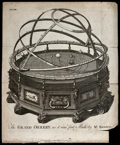 Astronomy: a large orrery, mounted on a dodecahedral base, decorated with signs of the zodiac