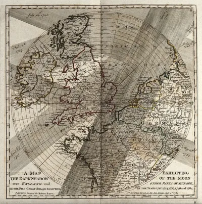 Astronomy: a map showing the paths of several eighteenth century eclipses over England