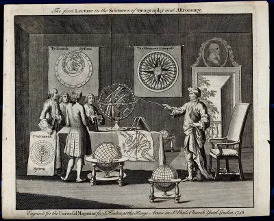 Astronomy: a savant in his study, instructing a group of gentlemen