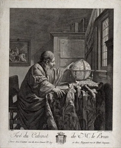 Astronomy: a scholar in his study, plotting points on a globe