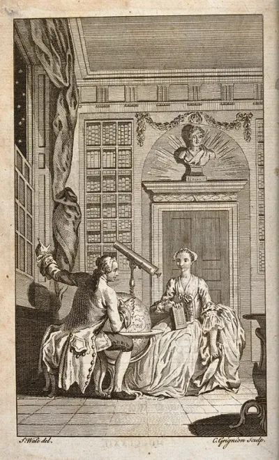 Astronomy: a young astronomer in his study, talking with his sister, who holds a book in her lap