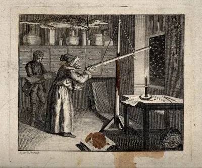 Astronomy: an astronomer in his study, looking out of the window with a telescope
