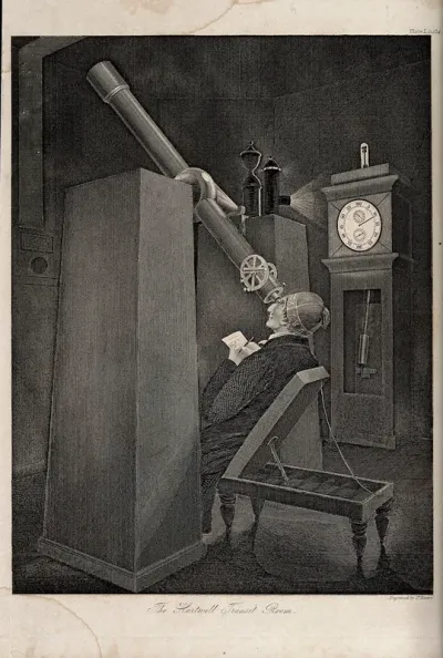 Astronomy: an observatory telescope, with an astronomer recording the transit of Venus