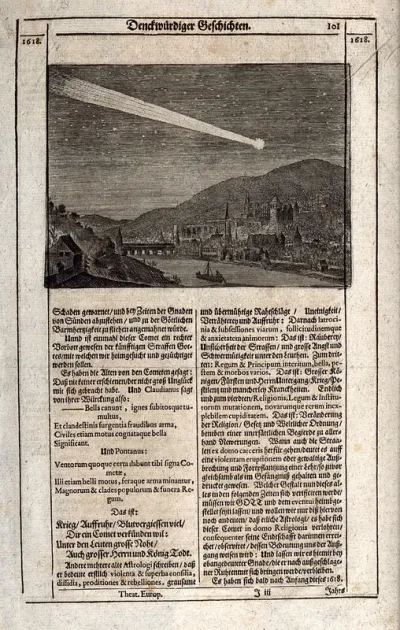 Astronomy: comets in a night sky appearing over Heidelberg in 1618