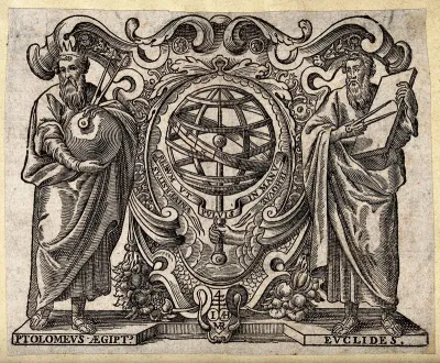 Astronomy: Ptolemy and Euclid with an armillary sphere between them
