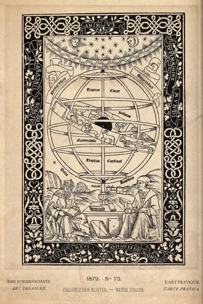 Astronomy: Ptolemy and Johannes Regiomontanus, seated with an armillary sphere and the heavens above them