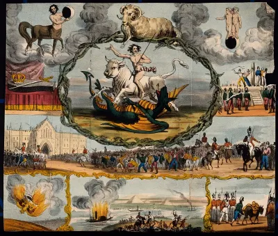 Astronomy: various apocalyptic scenes, including a flogging, a mob by the Palace of Westminster [?], a soldier being cashiered, and a paddle-steamer exploding on the Nile