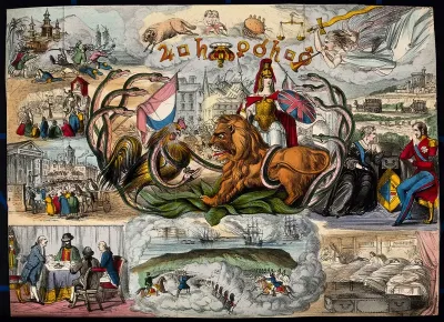 Astronomy: various apocalyptic scenes, including a mob by the Palace of Westminster [?], a mob being addressed by an orator, and a paddle-steamer blowing up on the Nile