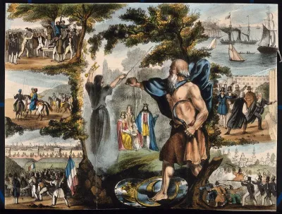 Astronomy: various apocalyptic scenes, including a mob in France, Merlin and King Arthur [?], and the Boxer Rebellion [?]