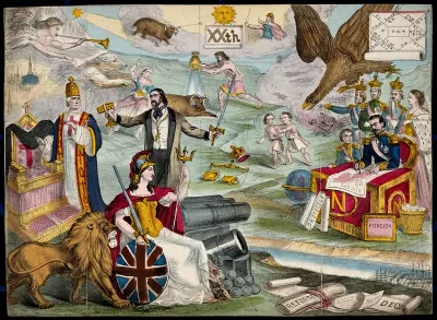 Astronomy: various apocalyptic scenes, including a seated Napoleon III with a smiling Queen Victoria, a woman pursued by a polar bear, and a battle in Russia