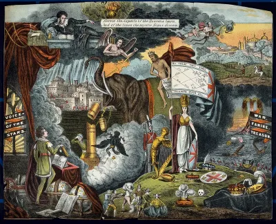 Astronomy: various apocalyptic scenes, including a shipwreck [?], a mob being addressed by an orator in the City of London, and a volcano erupting