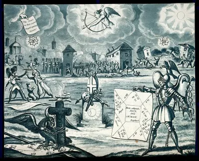 Astronomy: various apocalyptic scenes, including a tombstone, an earthquake, and riotous assembly