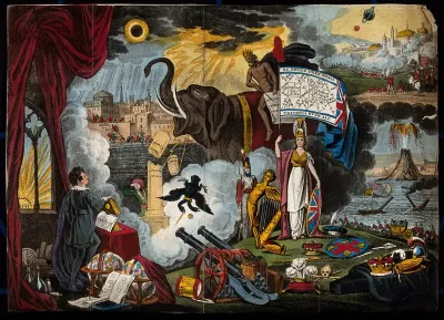 Astronomy: various apocalyptic scenes, including a volcanic eruption, war, and shipwreck