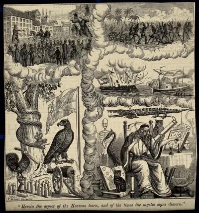 Astronomy: various apocalyptic scenes, including an astrologer/alchemist in his study, a mob addressed by rival orators, a sea battle, and a battle in Africa