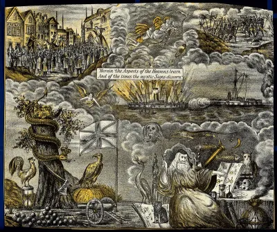 Astronomy: various apocalyptic scenes, including an astrologer/alchemist in his study, a mob addressed by rival orators, a sea battle, and a battle in Africa